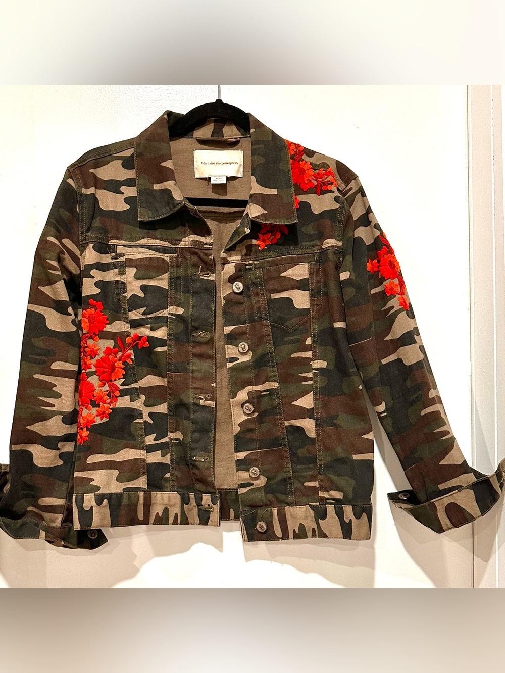 Anthropology Pincro and the Letterpress Camo Denim Jacket Red Floral Embroidery